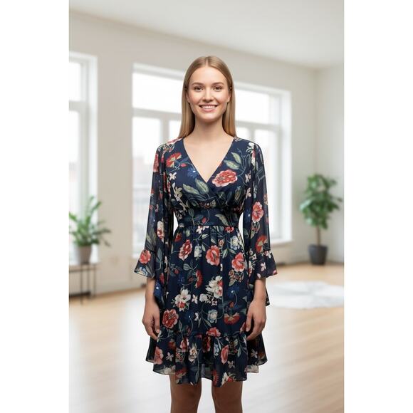 Betsy Johnson Women's Bell Sleeve Navy Floral Mini dress - Picture 8 of 8